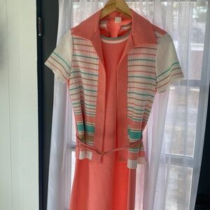 Vintage Spring 60s/70s Mod Coral and Striped Dress with Belt NWT Deadstock Set